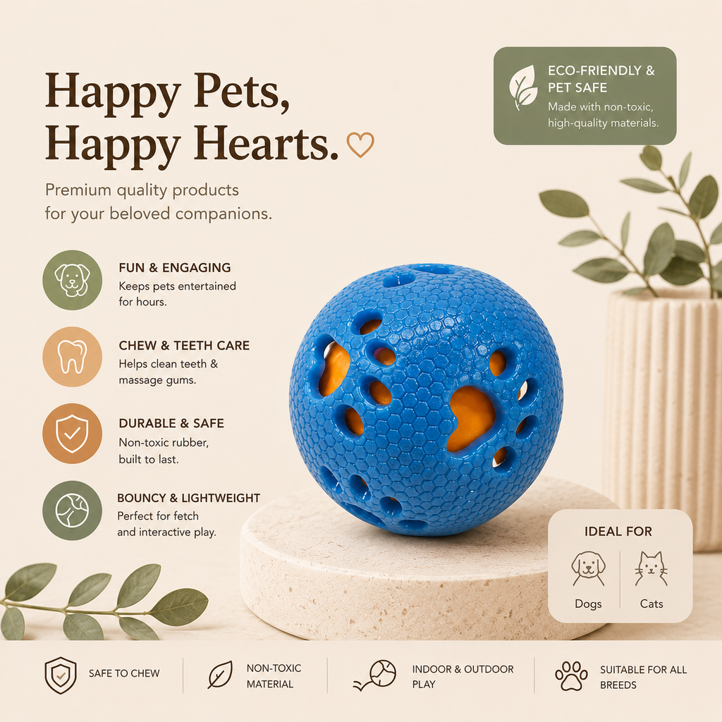 Interactive Chew & Treat Dispensing Dog Ball Toy – Durable Rubber Training Ball (Blue)