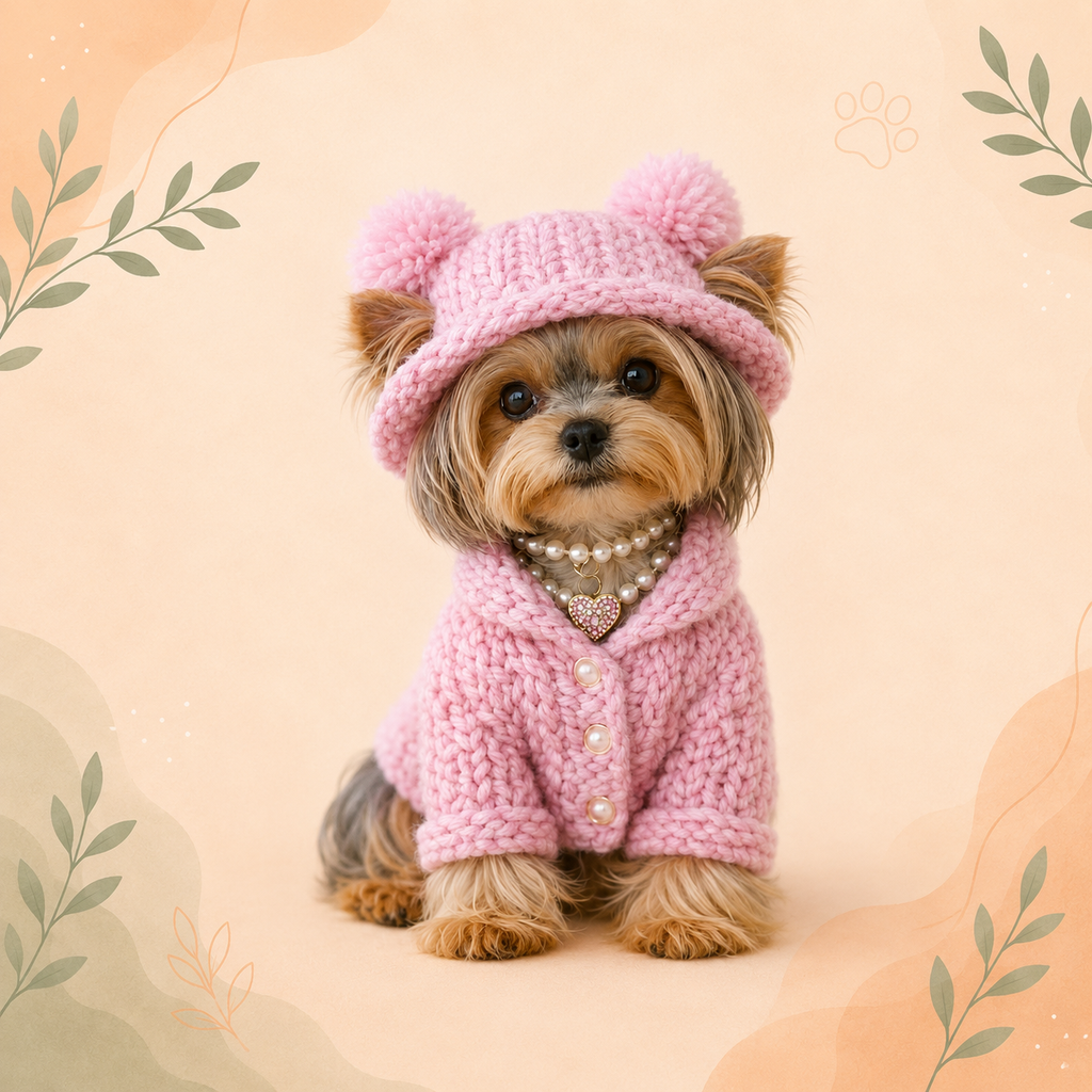 Luxury Purple Knitted Puppy Outfit with Pom-Pom Hat