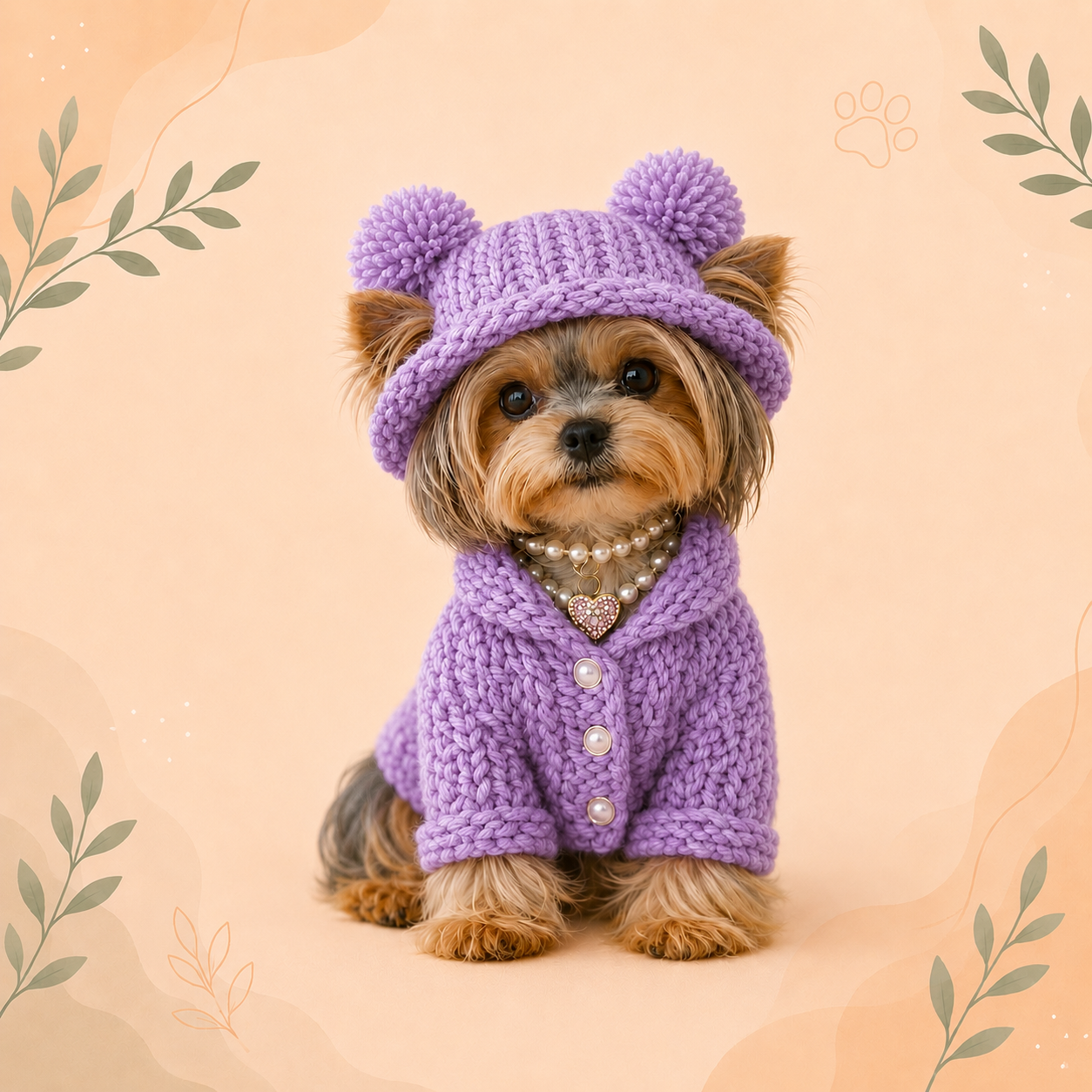Luxury Purple Knitted Puppy Outfit with Pom-Pom Hat