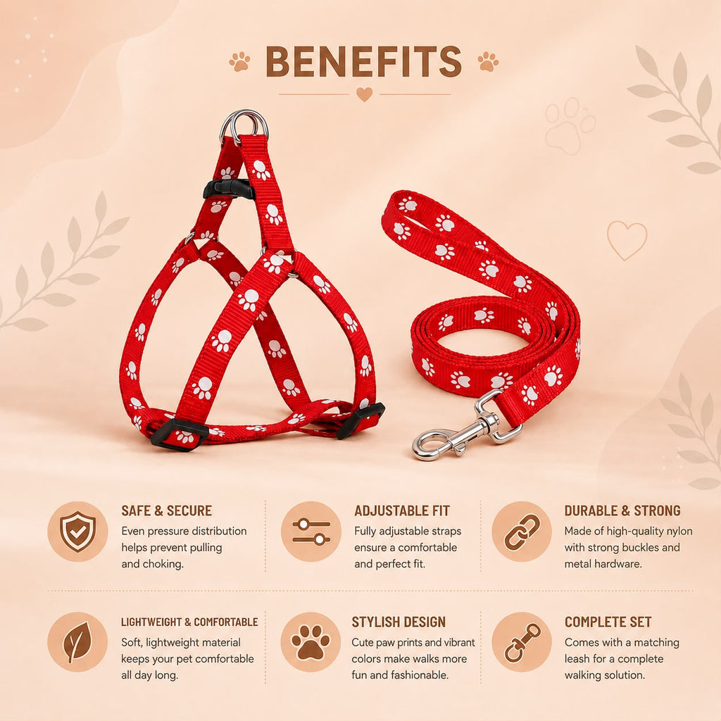 Happy Tails Premium Nylon Pet Harness & Leash Set for Puppies and Dogs